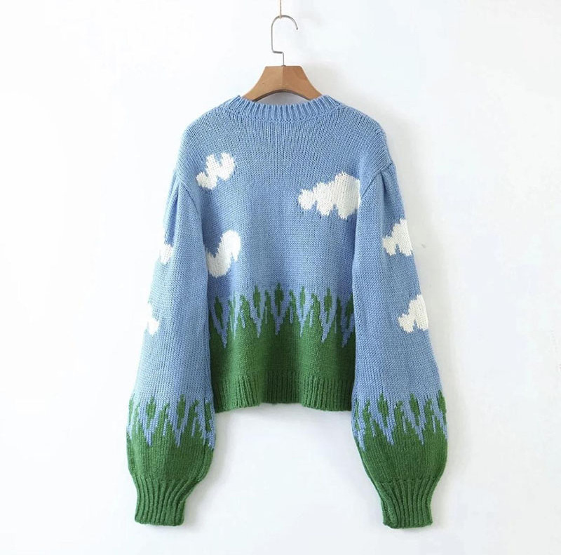 OEM factory customized loose thick needle crochet blue sky white cloud knit plus size sweater women's casual pullover