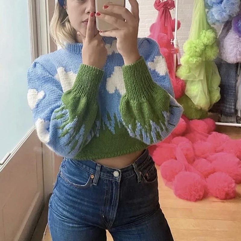 OEM factory customized loose thick needle crochet blue sky white cloud knit plus size sweater women's casual pullover