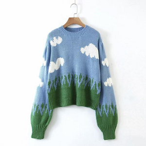 OEM factory customized loose thick needle crochet blue sky white cloud knit plus size sweater women's casual pullover