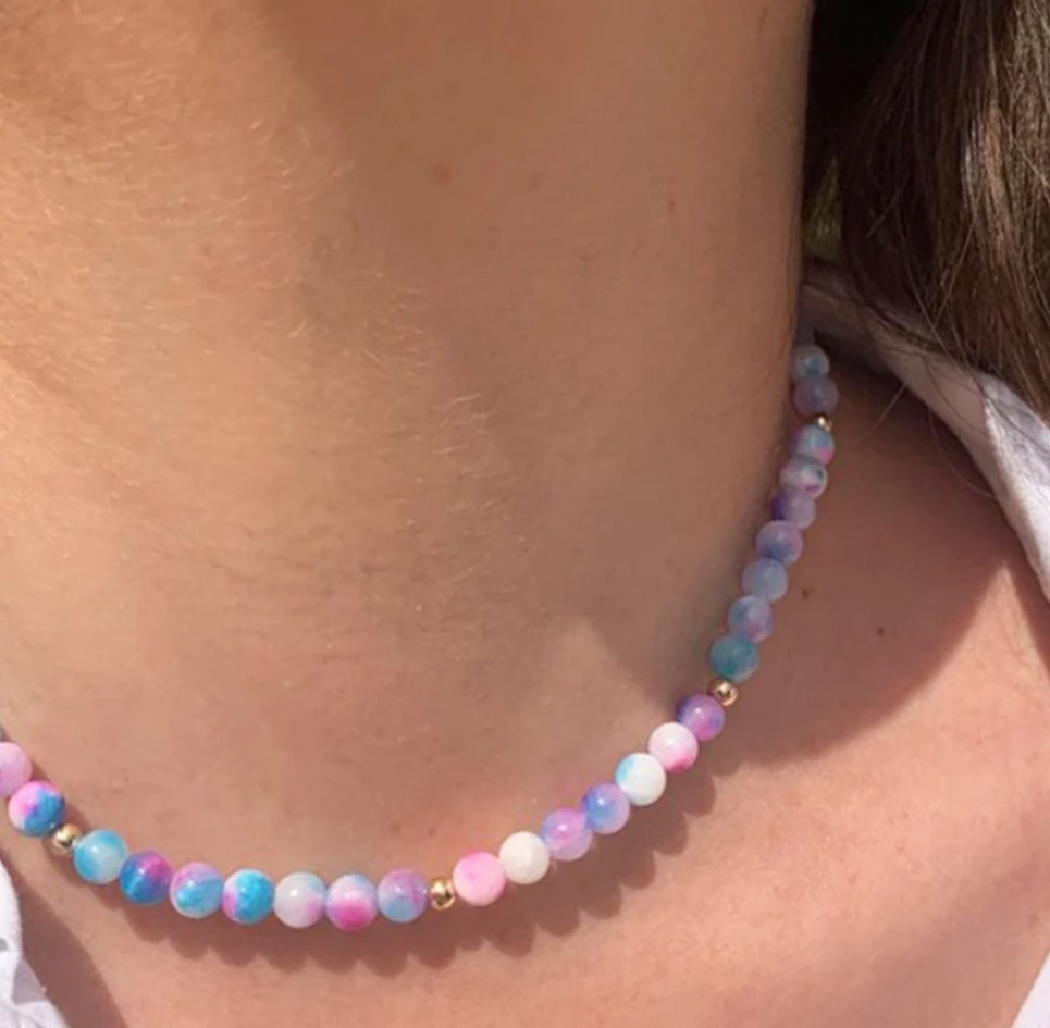 Inspire Jewelry Stainless Steel TIE DYE rainbow BEAD STRAND NECKLACE Nature stone necklace adjustable for girls kids gift cute