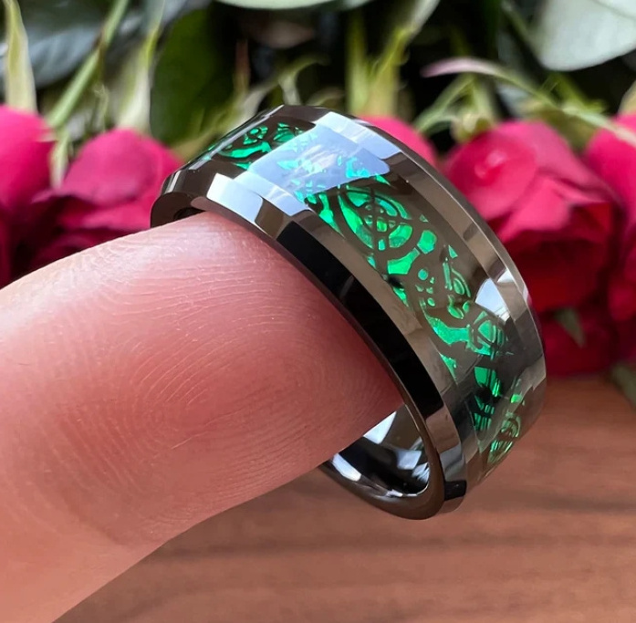 Inspire Jewelry Stainless Steel Personality Engraved 8MM Red, Green or Purple Celtic Dragon Inlay Black Tungsten Unisex Ring