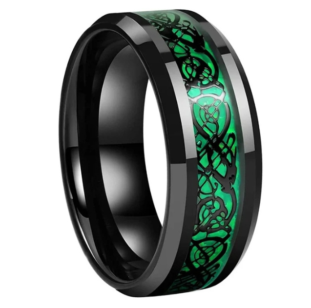 Inspire Jewelry Stainless Steel Personality Engraved 8MM Red, Green or Purple Celtic Dragon Inlay Black Tungsten Unisex Ring