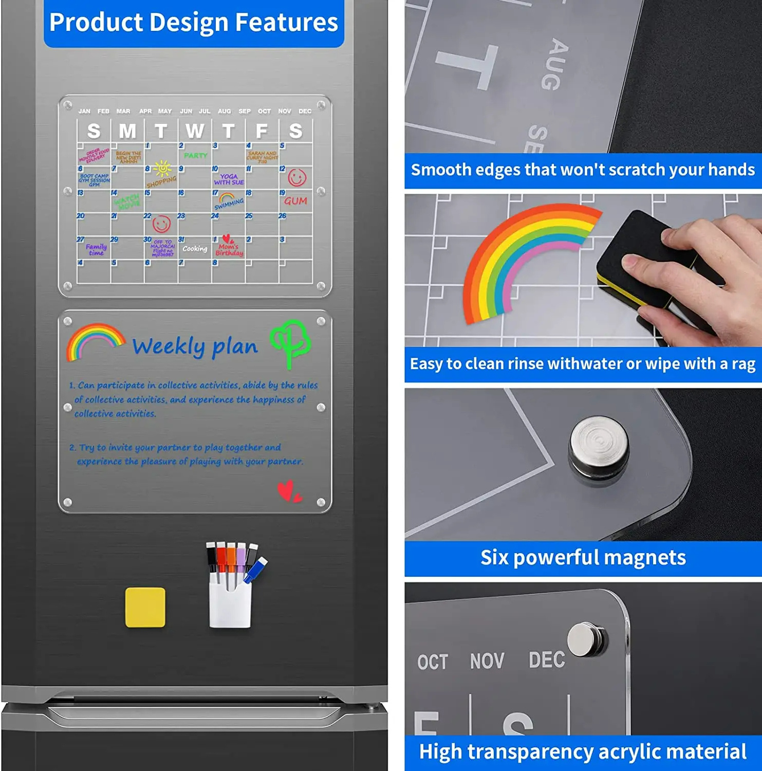 2023 new top quality fridge magnetic Monthly Weekly Daily calendar clear acrylic dry erase interact whiteboard