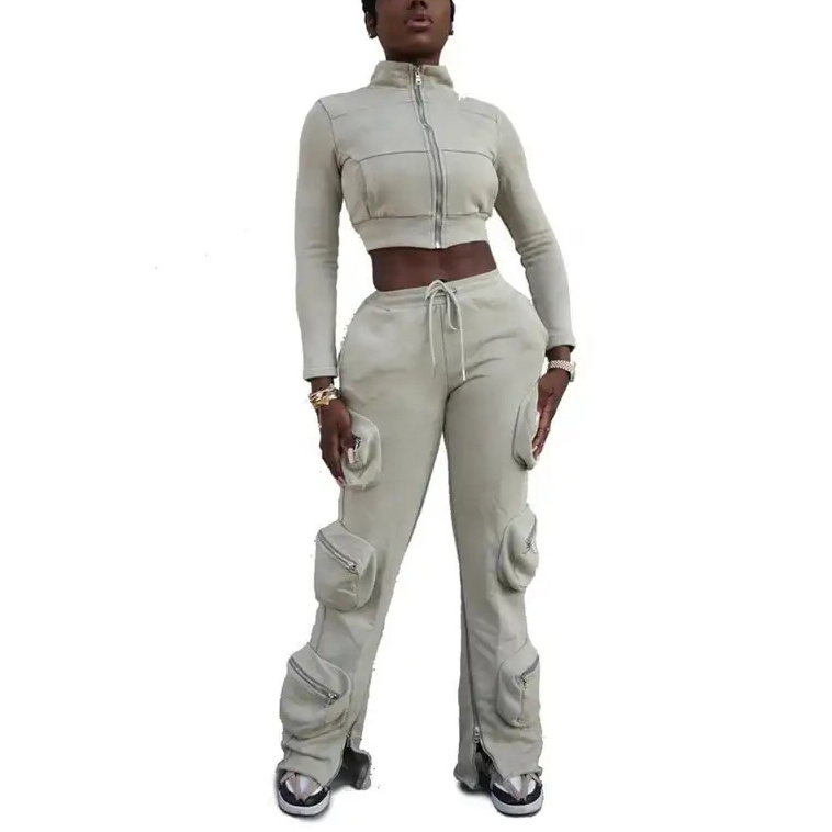 Custom Women Cargo Flared Tracksuits Sweatsuits Two Piece Jogging Suit Zipup Crop Top acid wash Hoodie And Jogger Sweatpants Set