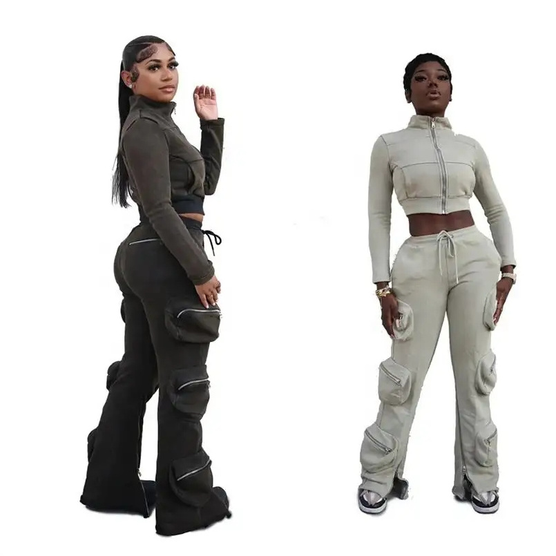 Custom Women Cargo Flared Tracksuits Sweatsuits Two Piece Jogging Suit Zipup Crop Top acid wash Hoodie And Jogger Sweatpants Set