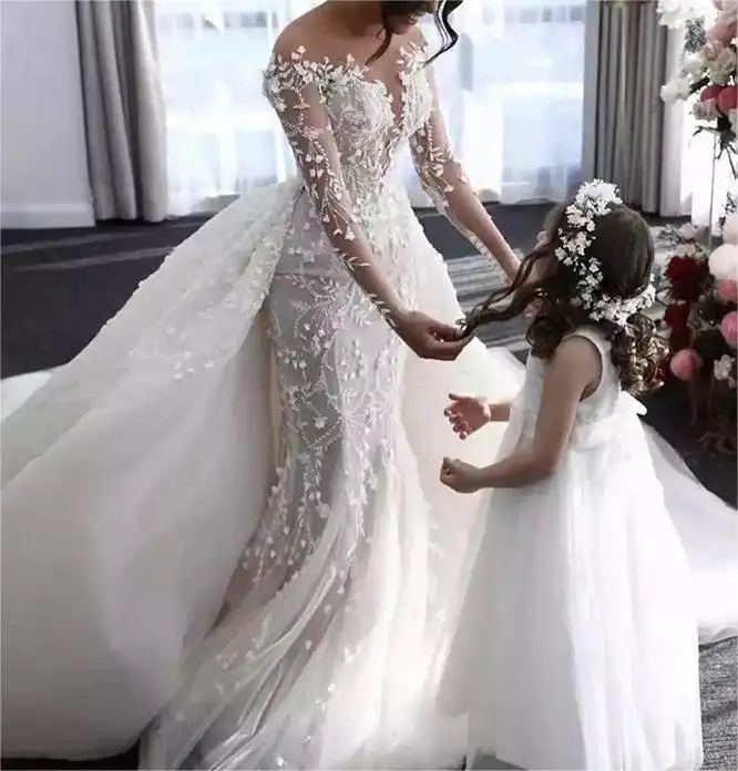 Custom Vestidos De Novia Wedding Gown With Removable Detachable Trailing Tail Mesh Beaded Sequin Mermaid Wedding Dress