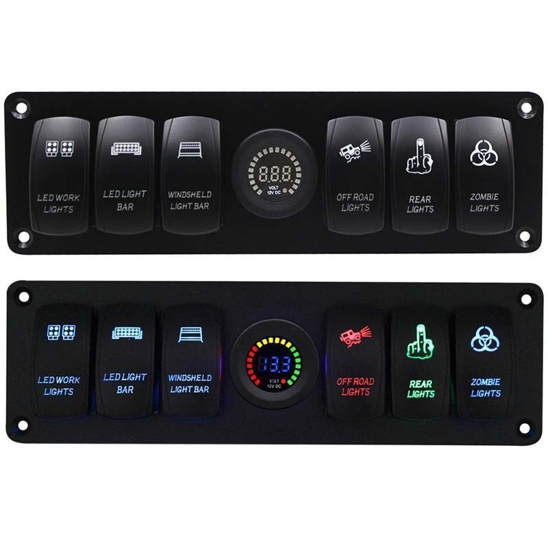 DC 12V Led On Off Rocker Switch &Color Voltmeter 6 Gang Rocker Switch Panel For Caravan Automotive Marine