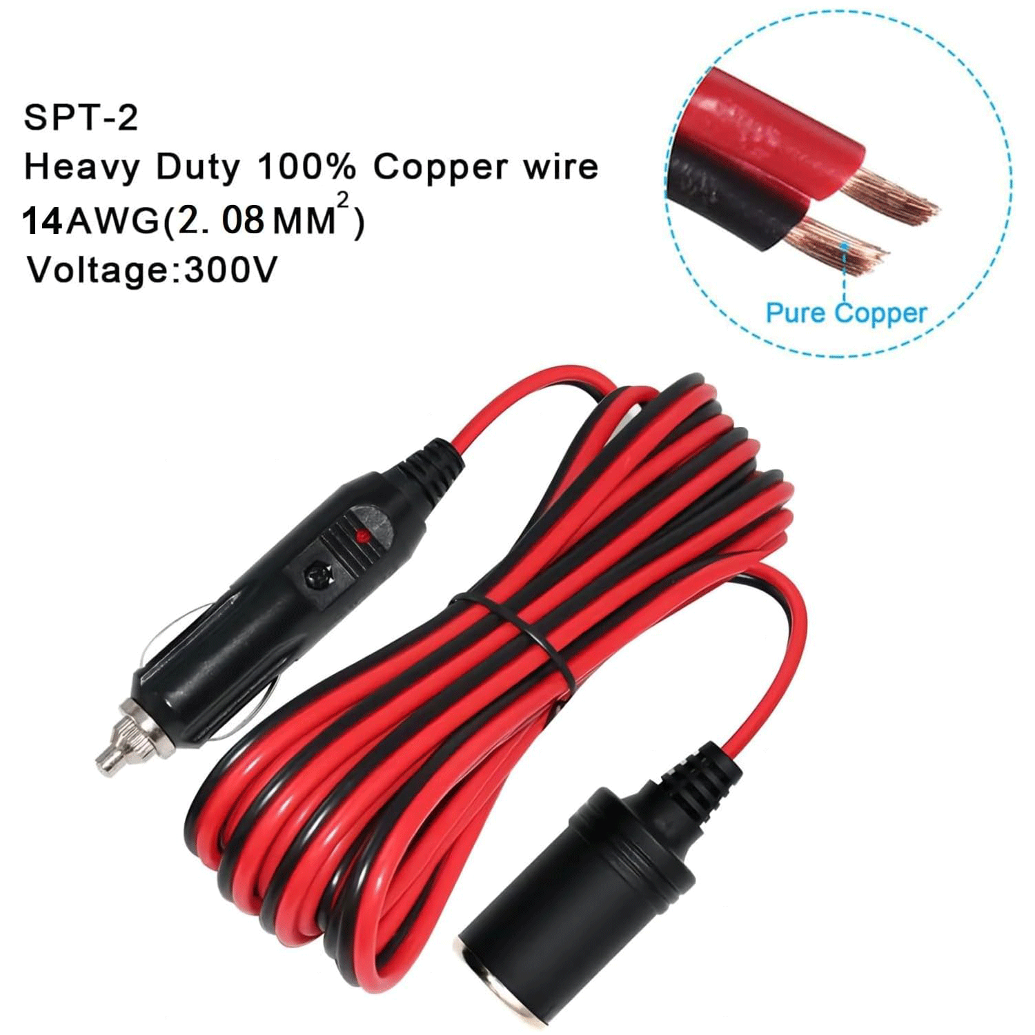 Car Charger Cable 12-24v Male Plug to Female Socket 15A Power Adapter with LED Lights for Air Compressor Tire Pump Cooler Fridge