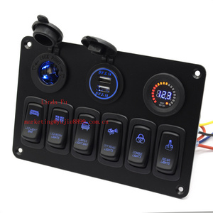 12V/24V Rocker Switch Panel For Truck Camper RV Yacht Marine Car 6 Gang Dual USB Slot Socket Digital Voltmeter Voltage Display