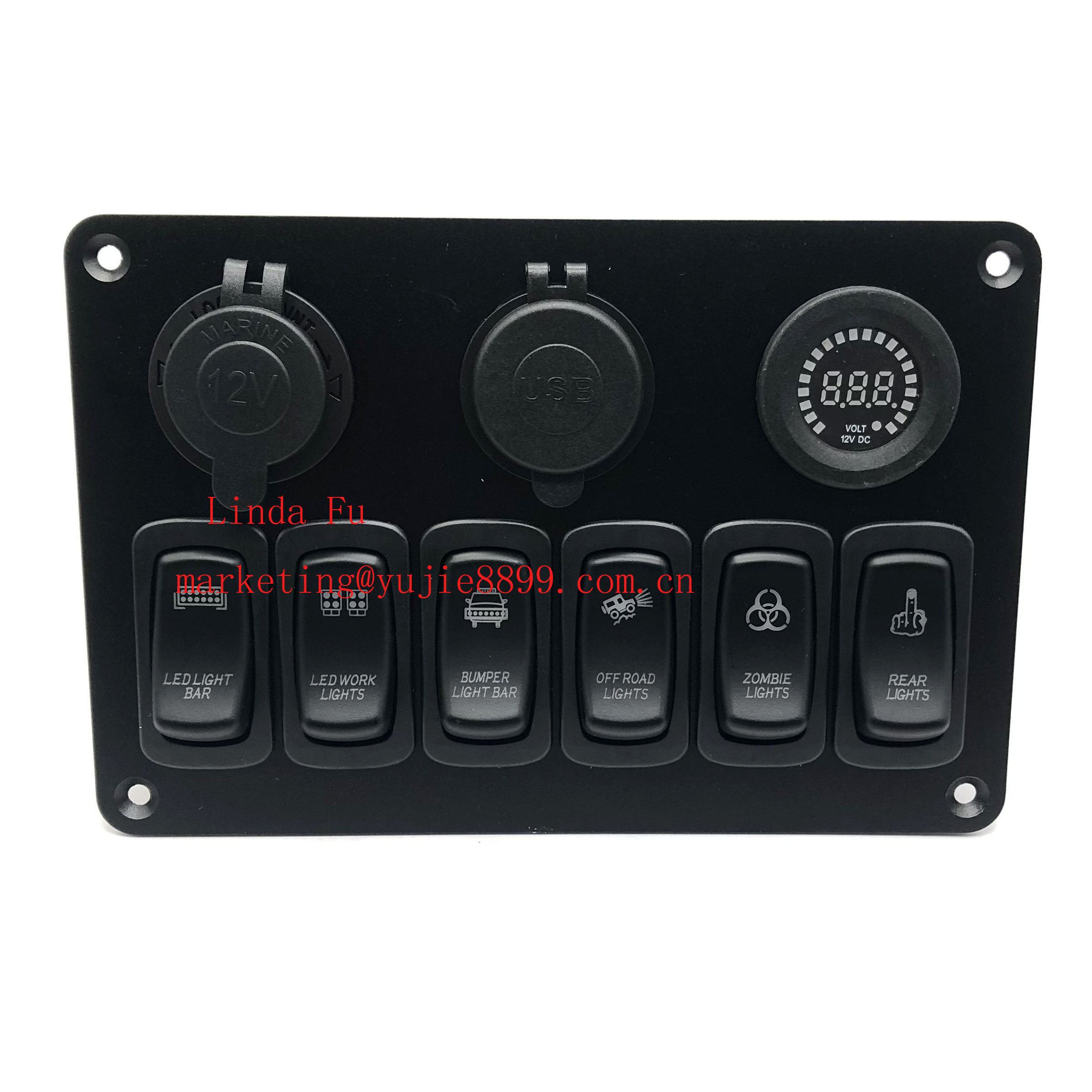 12V/24V Rocker Switch Panel For Truck Camper RV Yacht Marine Car 6 Gang Dual USB Slot Socket Digital Voltmeter Voltage Display