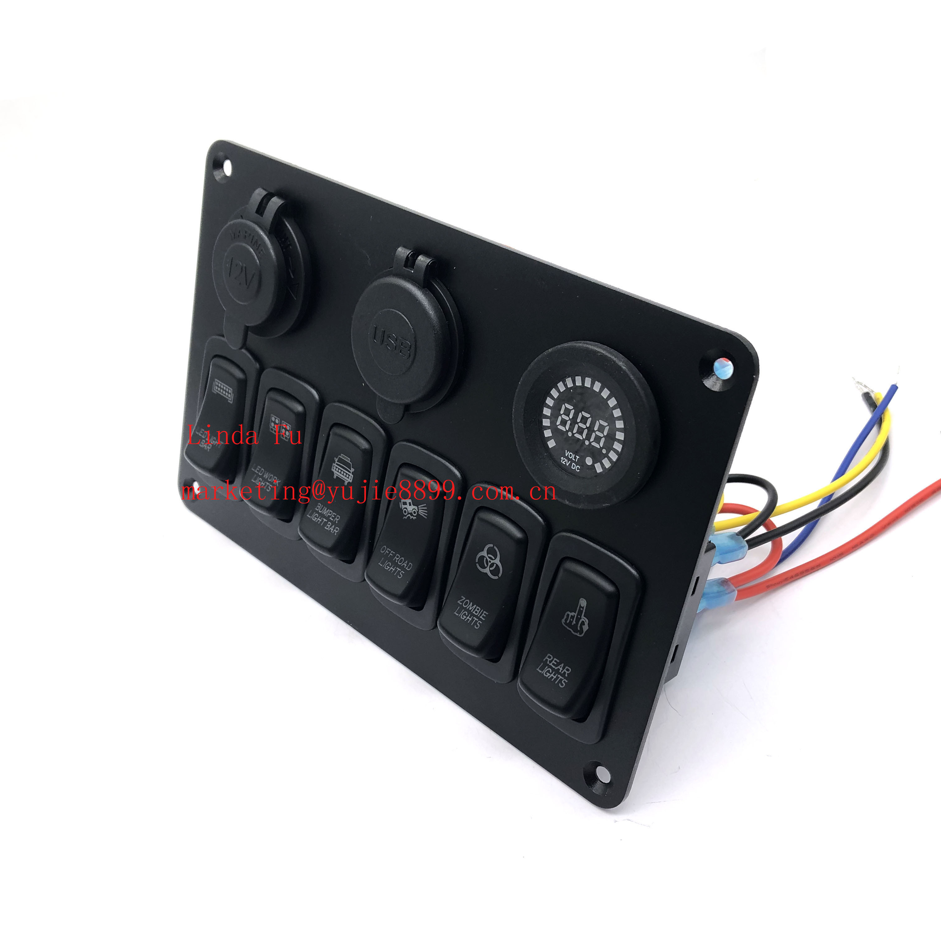 12V/24V Rocker Switch Panel For Truck Camper RV Yacht Marine Car 6 Gang Dual USB Slot Socket Digital Voltmeter Voltage Display