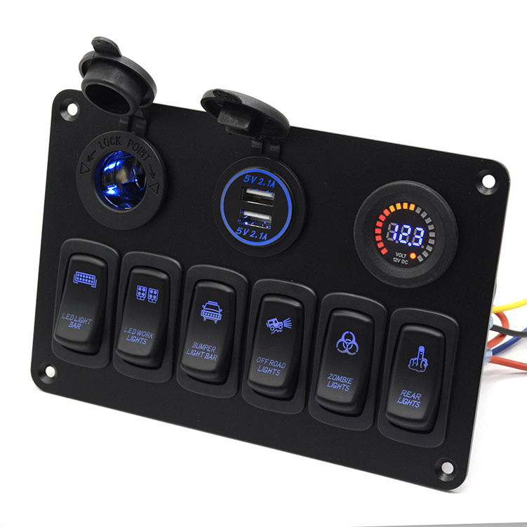 Dc 12V 24V 6 Gang Marine Boat 4.2A Dual USB Car Charger color voltmeter Aluminum push on off Switch Panel