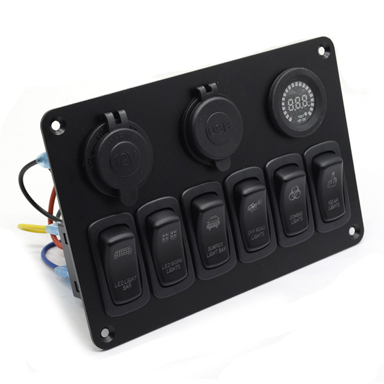 Dc 12V 24V 6 Gang Marine Boat 4.2A Dual USB Car Charger color voltmeter Aluminum push on off Switch Panel