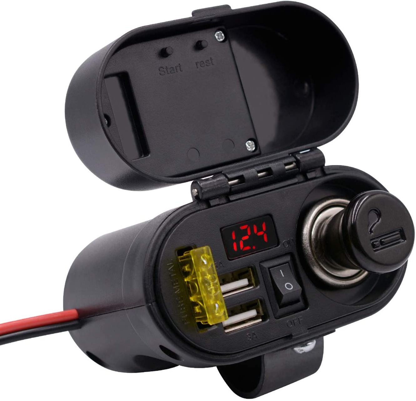 Motorcycle Cigarette Lighter 4 in 1 Waterproof Charger Socket 12V/24V Dual USB Adapter Charger Socket w/ Time Display