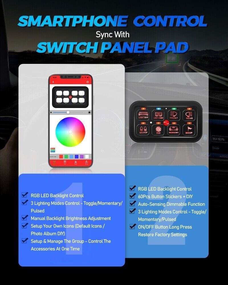 RGB 8 Gang Auxiliary Switch Panel Multifunction APP Control