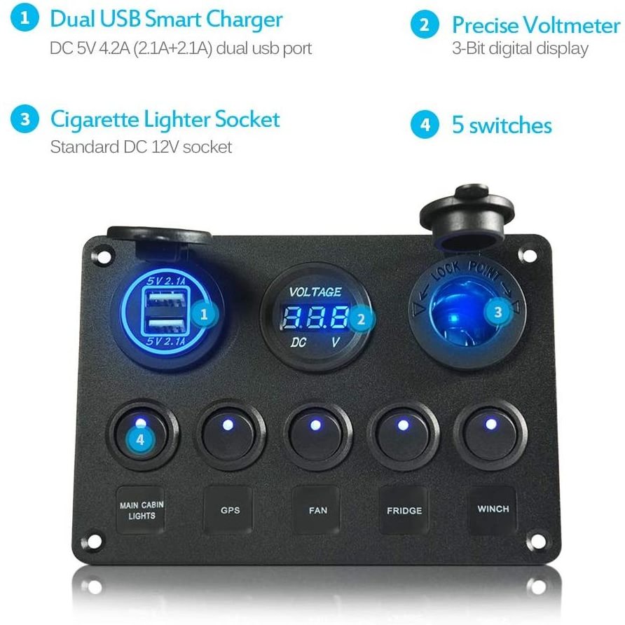 5 Gang Marine Rocker Switch Panel ON-Off Toggle Switch Panel Waterproof Blue LED Dual USB Socket Charger + Voltmeter