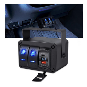 Waterproof Automotive 2 Gang Rocker Switch Box Panel 12V with PD Type C QC 3.0 USB Charger Voltmeter for Boats Cars RVs Trucks