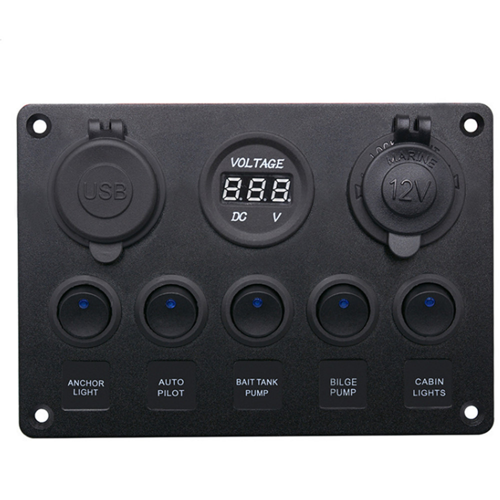 5 Gang Marine Rocker Switch Panel ON-Off Toggle Switch Panel Waterproof Blue LED Dual USB Socket Charger + Voltmeter