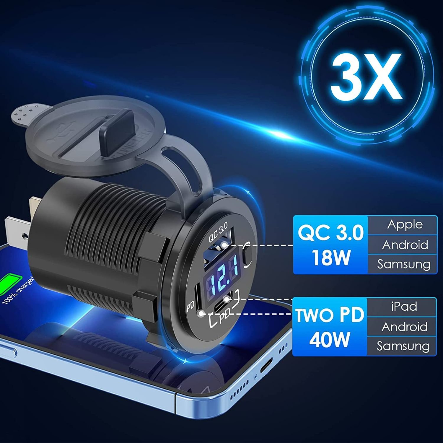 58W 12 Volt USB C Car Fast Charger Socket QC3.0 Dual 12V Type C USB-C PD Power Outlet with Voltmeter Button Switch