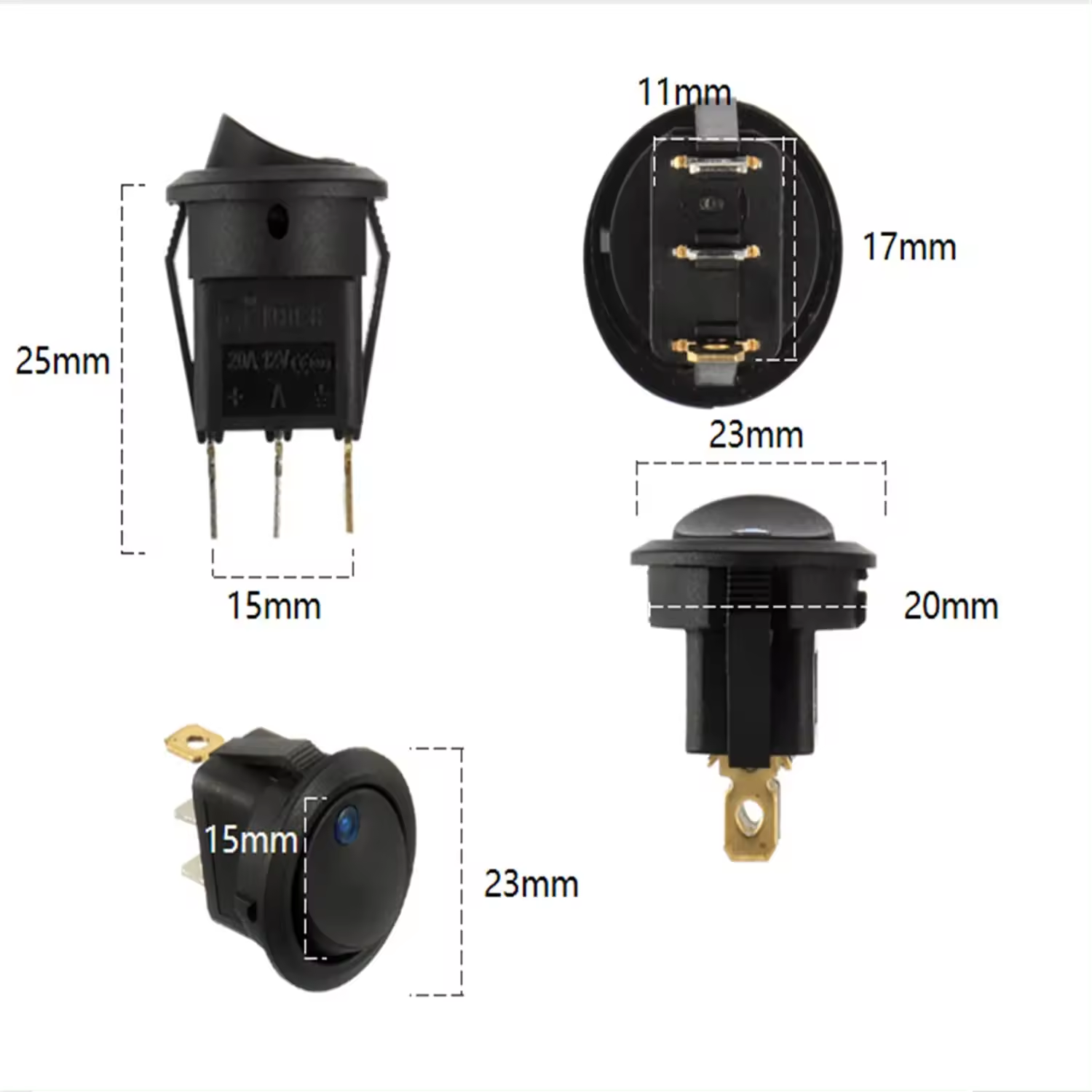 DC 20A 12V 3 Pin Waterproof Round Rocker Switch Short Housing 12 Volt Blue LED SPST on off  Switch