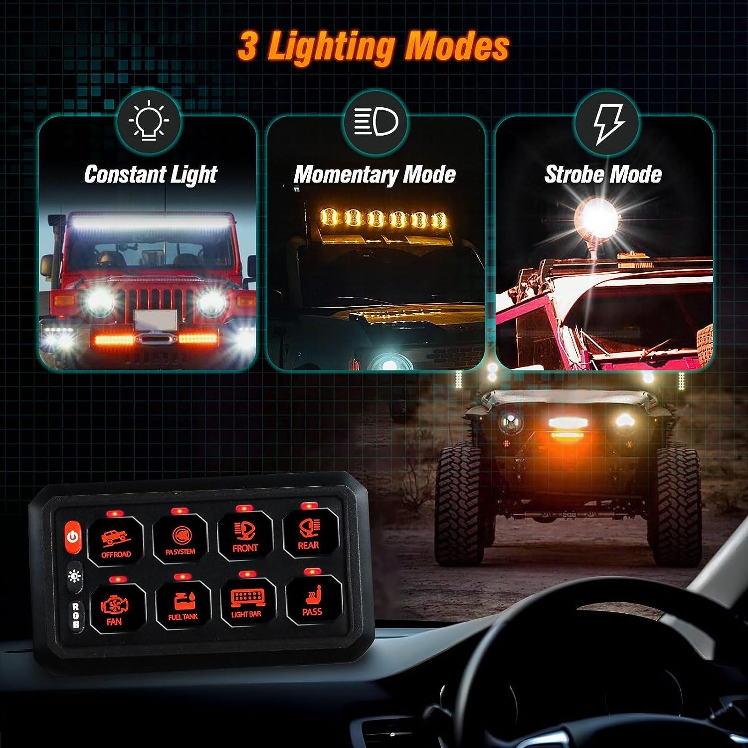 RGB  8 Gang Switch Panel 3 Silicon Button Strobe Touch Control Panel Box Switch Pod for Truck Off-Road Rocker Boat Marine SUV