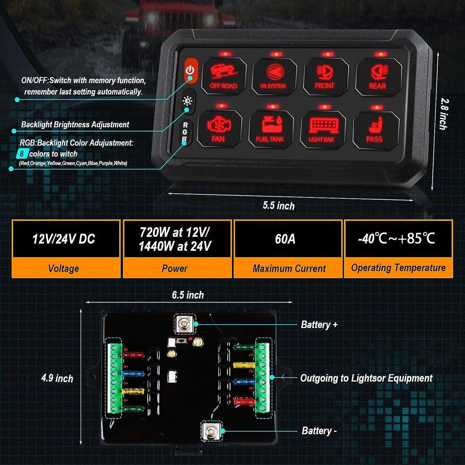 RGB 8 Gang Switch Panel Universal Strobe Touch Control Panel Box Switch Pod for Truck Offroad Rocker Boat Marine SUV