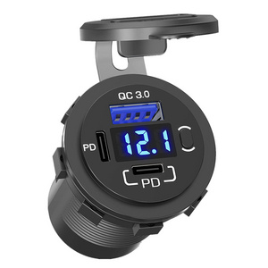 58W 12 Volt USB C Car Fast Charger Socket QC3.0 Dual 12V Type C USB-C PD Power Outlet with Voltmeter Button Switch