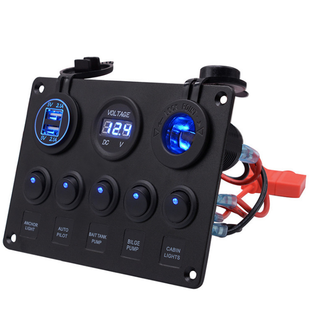 5 Gang Marine Rocker Switch Panel ON-Off Toggle Switch Panel Waterproof Blue LED Dual USB Socket Charger + Voltmeter