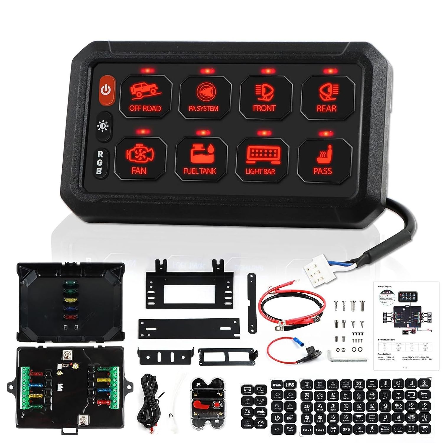 RGB 8 Gang Switch Panel 3 Silicone Button Universal Circuit Control Relay Box Multifunction Auxiliary Switch Panel Momentary Str