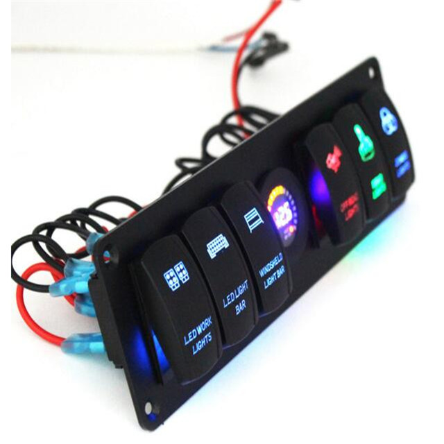 DC 12V Led On Off Rocker Switch &Color Voltmeter 6 Gang Rocker Switch Panel For Caravan Automotive Marine