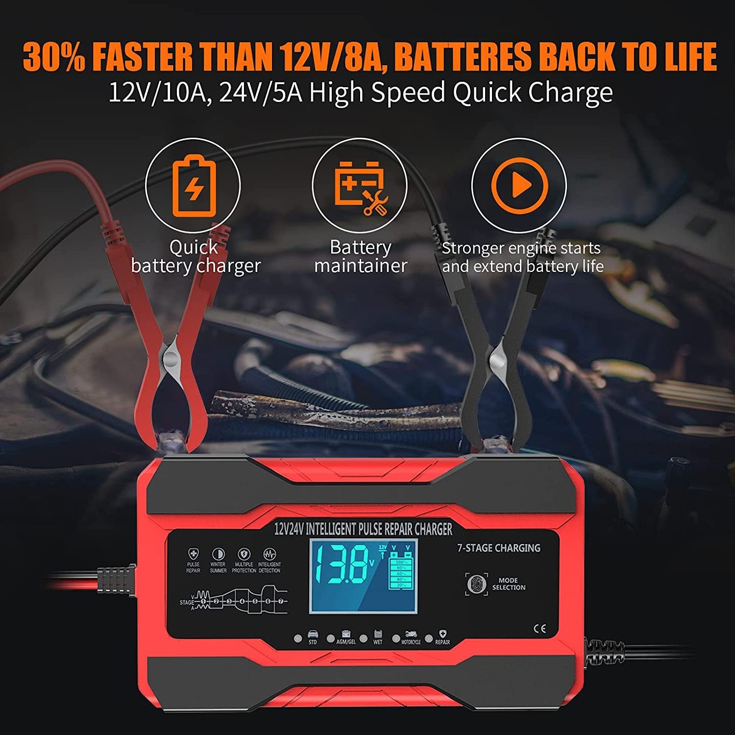 Battery Charger 10-Amp 12V and 24V Fully-Automatic Smart Car Battery Charger, Battery Maintainer Trickle Charger, and Battery De