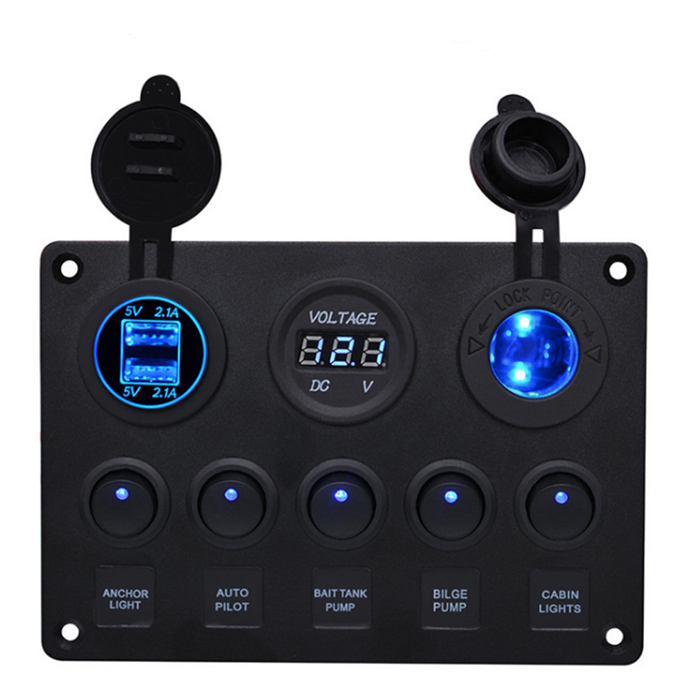 5 Gang Marine Rocker Switch Panel ON-Off Toggle Switch Panel Waterproof Blue LED Dual USB Socket Charger + Voltmeter