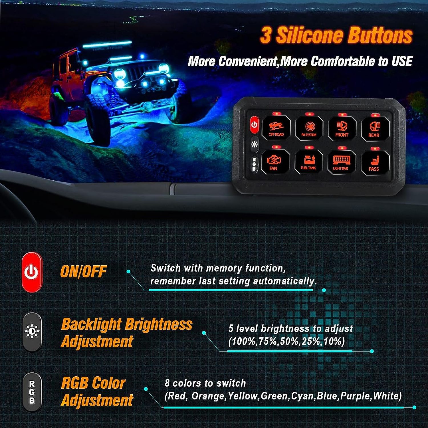 RGB 8 Gang Switch Panel Universal Strobe Touch Control Panel Box Switch Pod for Truck Offroad Rocker Boat Marine SUV