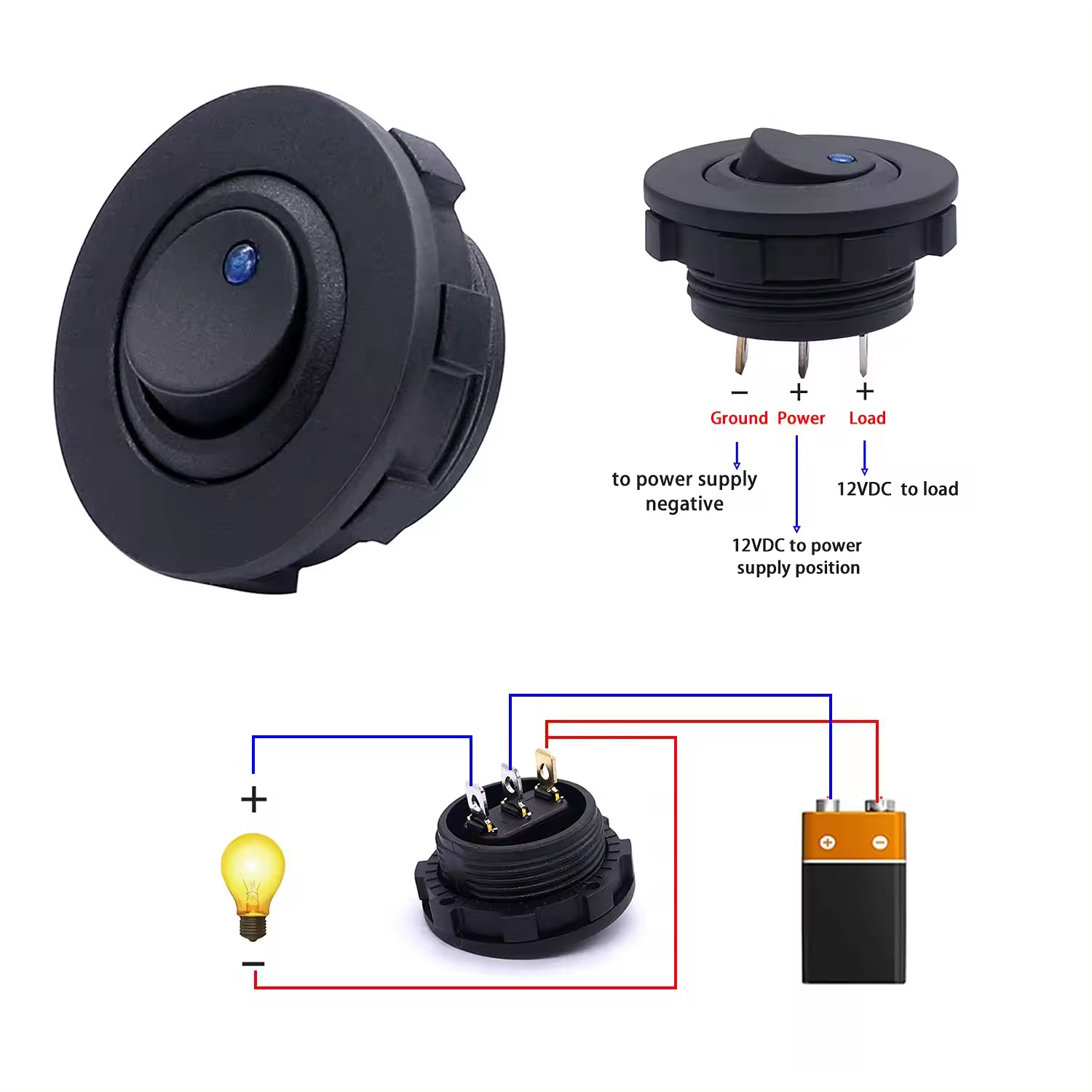 DC 20A 12V 3 Pin Waterproof Round Rocker Switch Short Housing 12 Volt Blue LED SPST on off  Switch