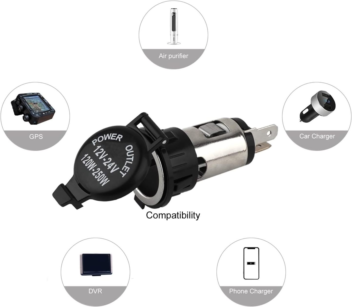 12V Auto Cigarette Lighter Adapter with Waterproof Cover & Extension Cable