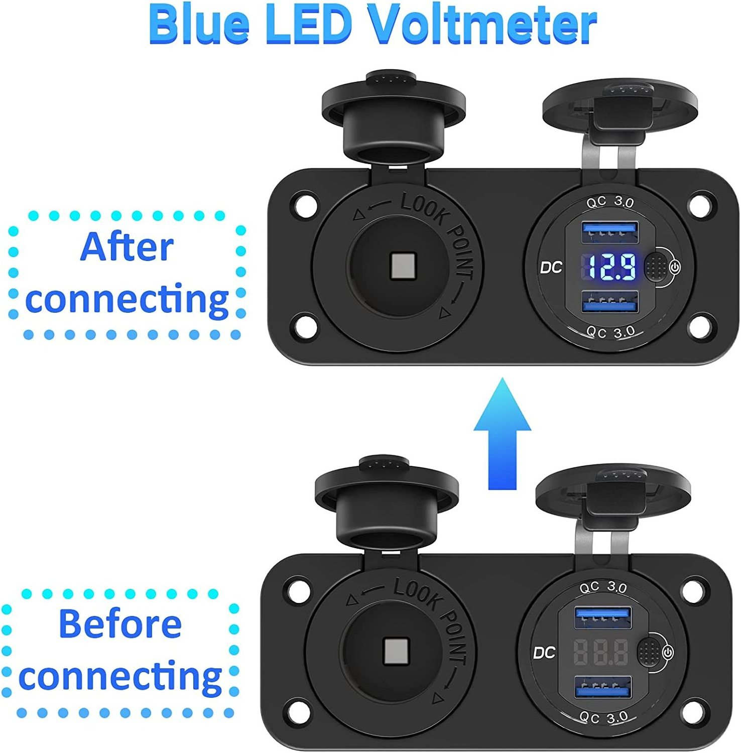 QC 3.0 Dual USB Outlet 12V Boat Marine Waterproof Cigarette Lighter Socket Splitter with Blue LED for Car RV Golf Cart ATV