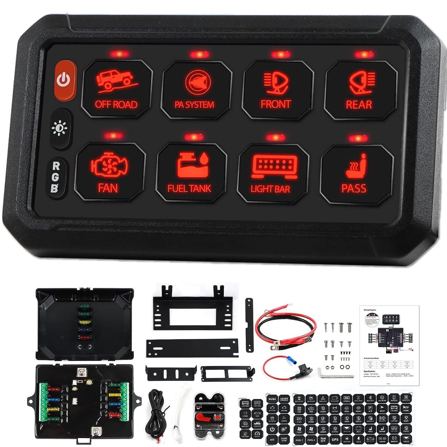 RGB 8 Gang Switch Panel Universal Strobe Touch Control Panel Box Switch Pod for Truck Offroad Rocker Boat Marine SUV