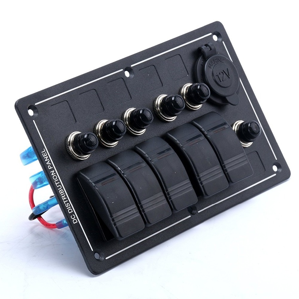 5 Gang Aluminium LED Rocker & CIG Socket & Circuit Breaker Waterproof Marine/boat/rv Switch Panel