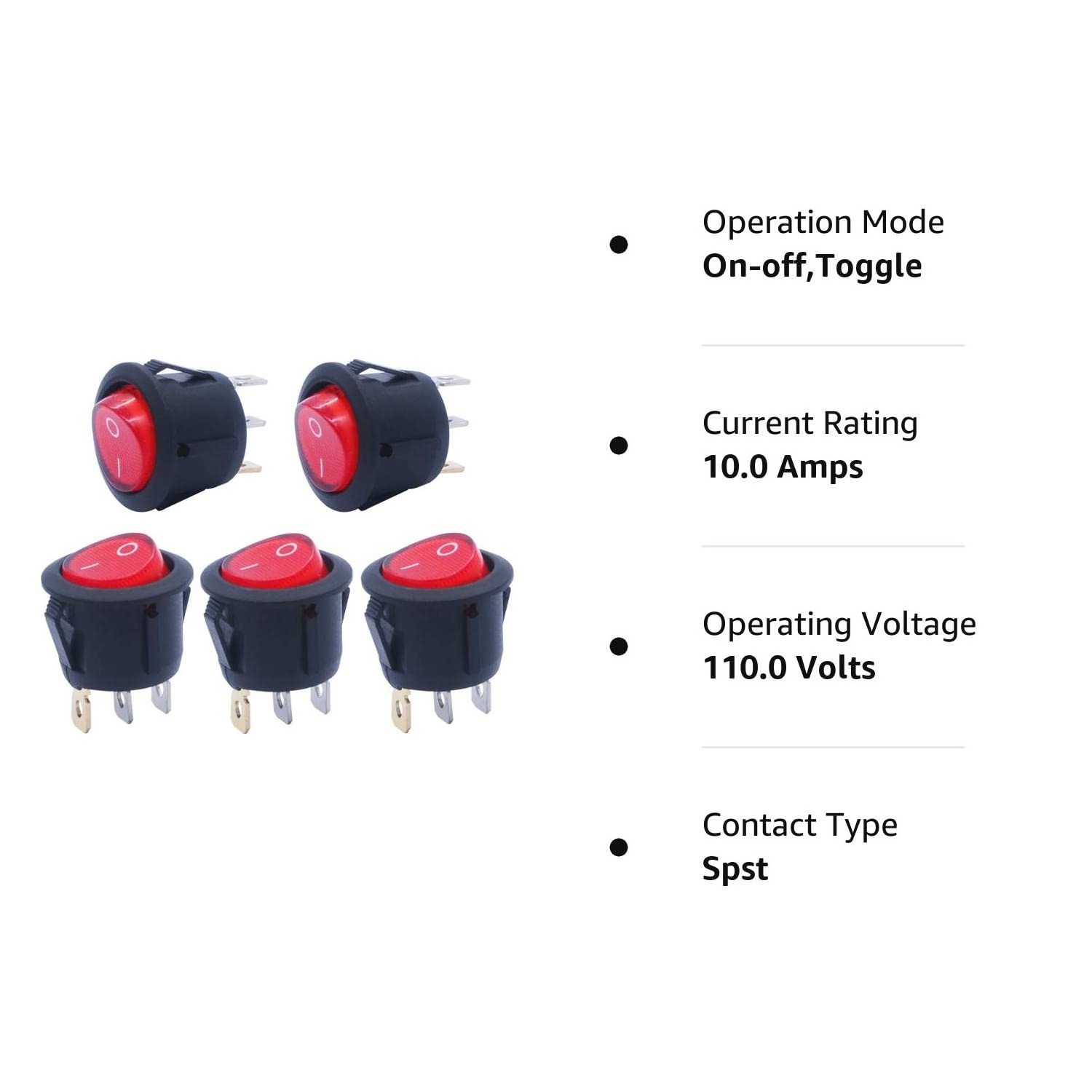 AC 250V/10A 125V/12A Red Lamp Backlit On/Off 3 Pin SPST Mini Round Button Toggle Light Rocker Switch for Household Appliances