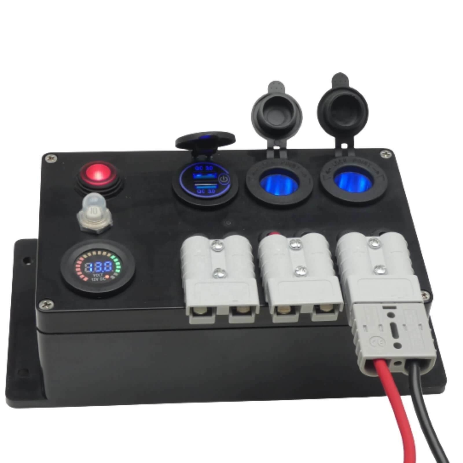 12V DC Power Distribution Box Canopy Control Panel Anderson Plug Control Box with USB Power Socket Voltage Display