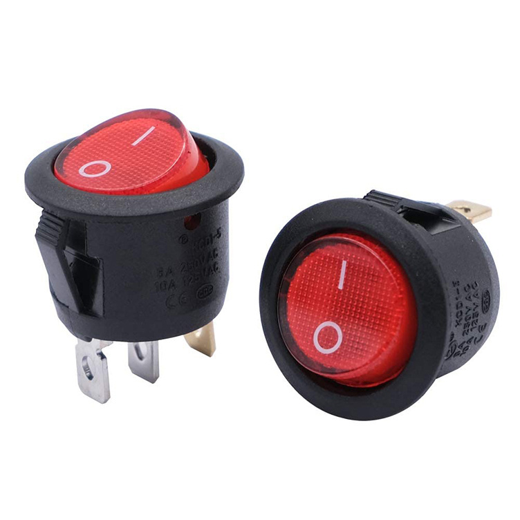 AC 250V/10A 125V/12A Red Lamp Backlit On/Off 3 Pin SPST Mini Round Button Toggle Light Rocker Switch for Household Appliances