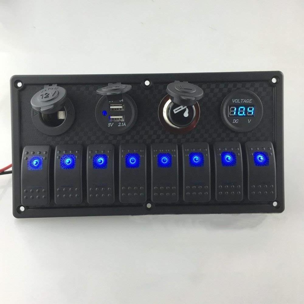 8 Gang Rocker Switch Panel with 5V charger socket and Voltmeter for Marine Boat Car Vehicles