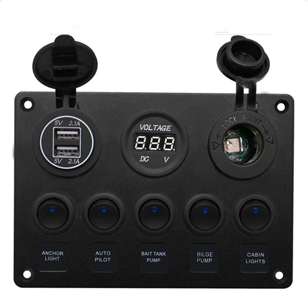 5 Gang Marine Rocker Switch Panel ON-Off Toggle Switch Panel Waterproof Blue LED Dual USB Socket Charger + Voltmeter