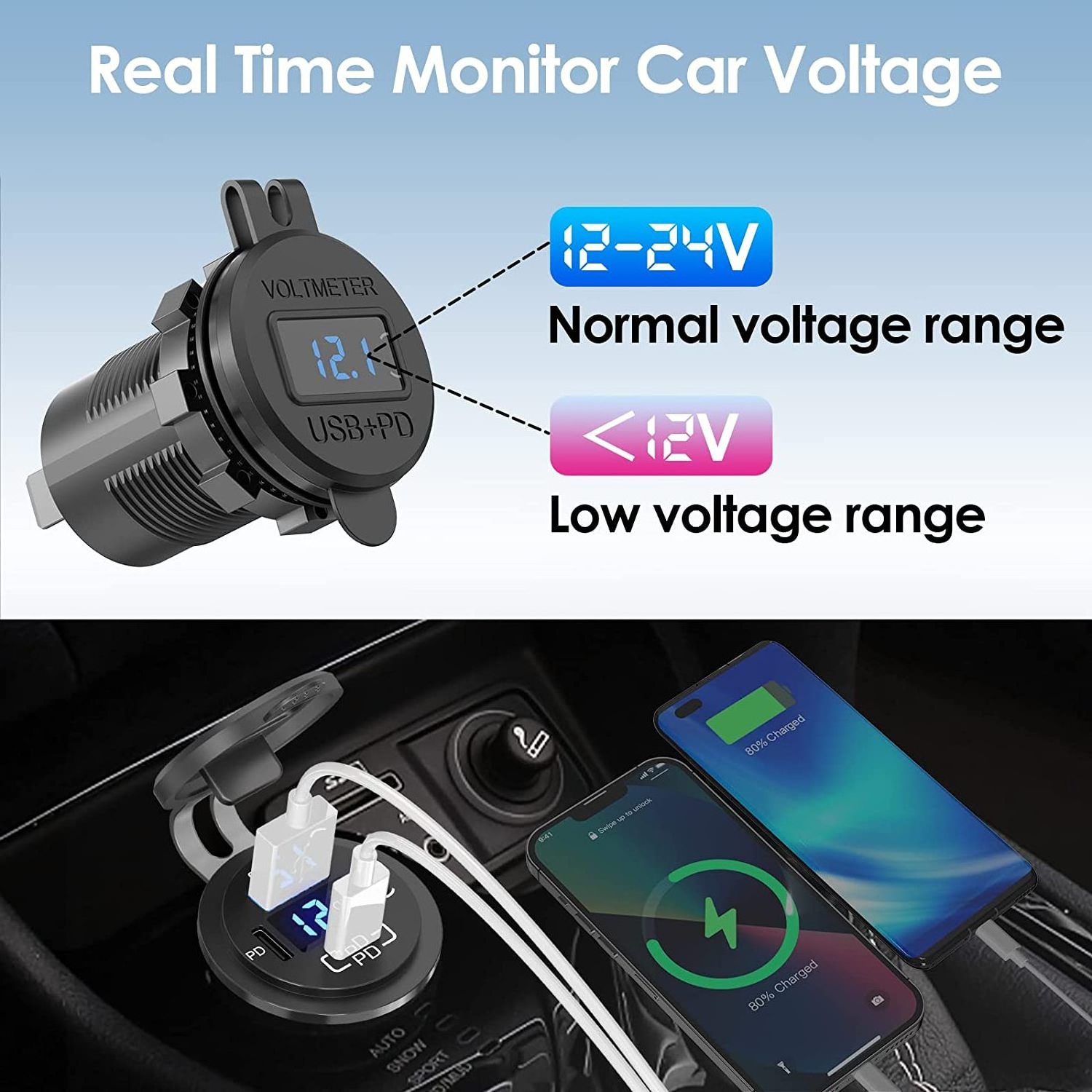 58W 12 Volt USB C Car Fast Charger Socket QC3.0 Dual 12V Type C USB-C PD Power Outlet with Voltmeter Button Switch