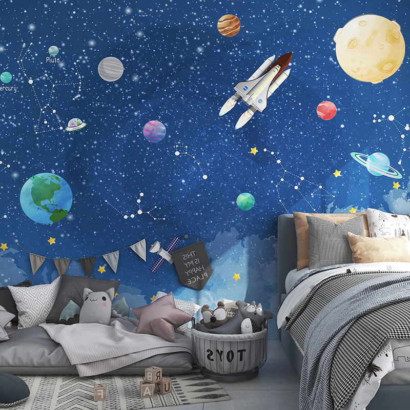 Cartoon Space Odyssey Design Digital 3D Murals Wallpaper for Boy