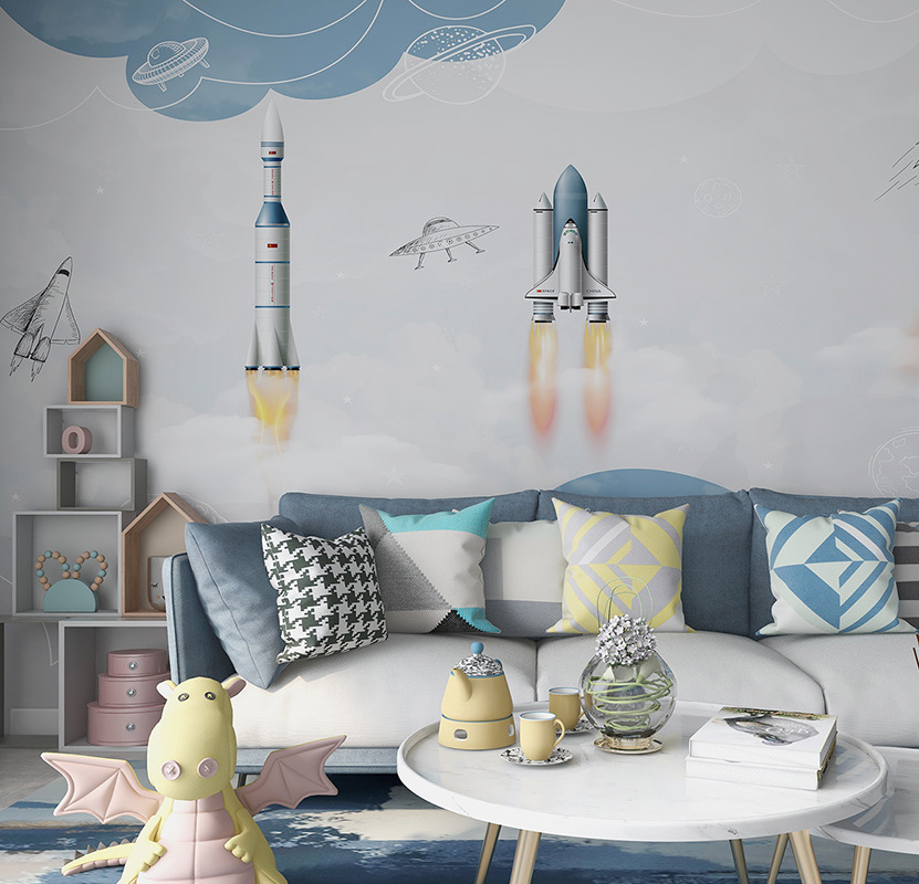 Cartoon Space Odyssey Design Digital 3D Murals Wallpaper for Boy