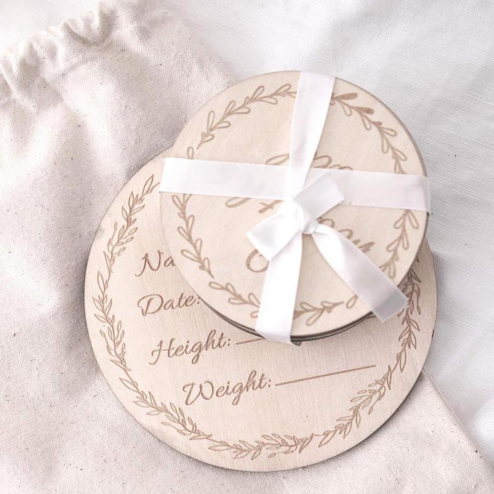 Wood Customize Baby Monthly Milestone Card Wooden Double Sided Laser Engrave Discs Craft Cards with Drawstring Bag