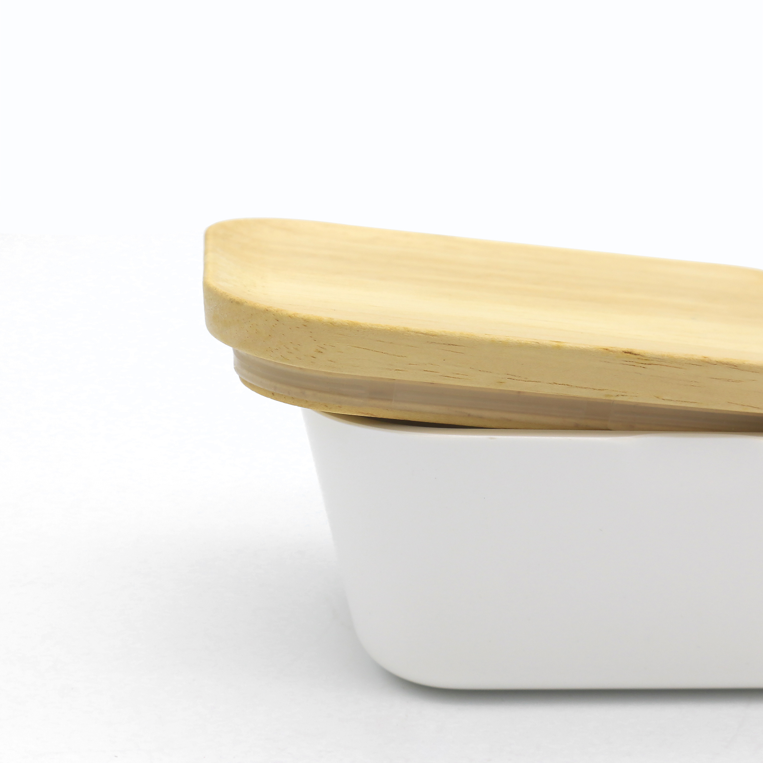 Melamine Butter Container   with Rubber  Wood Lid - Modern Design White Ceramic Cup for Serving Tea, Coffee