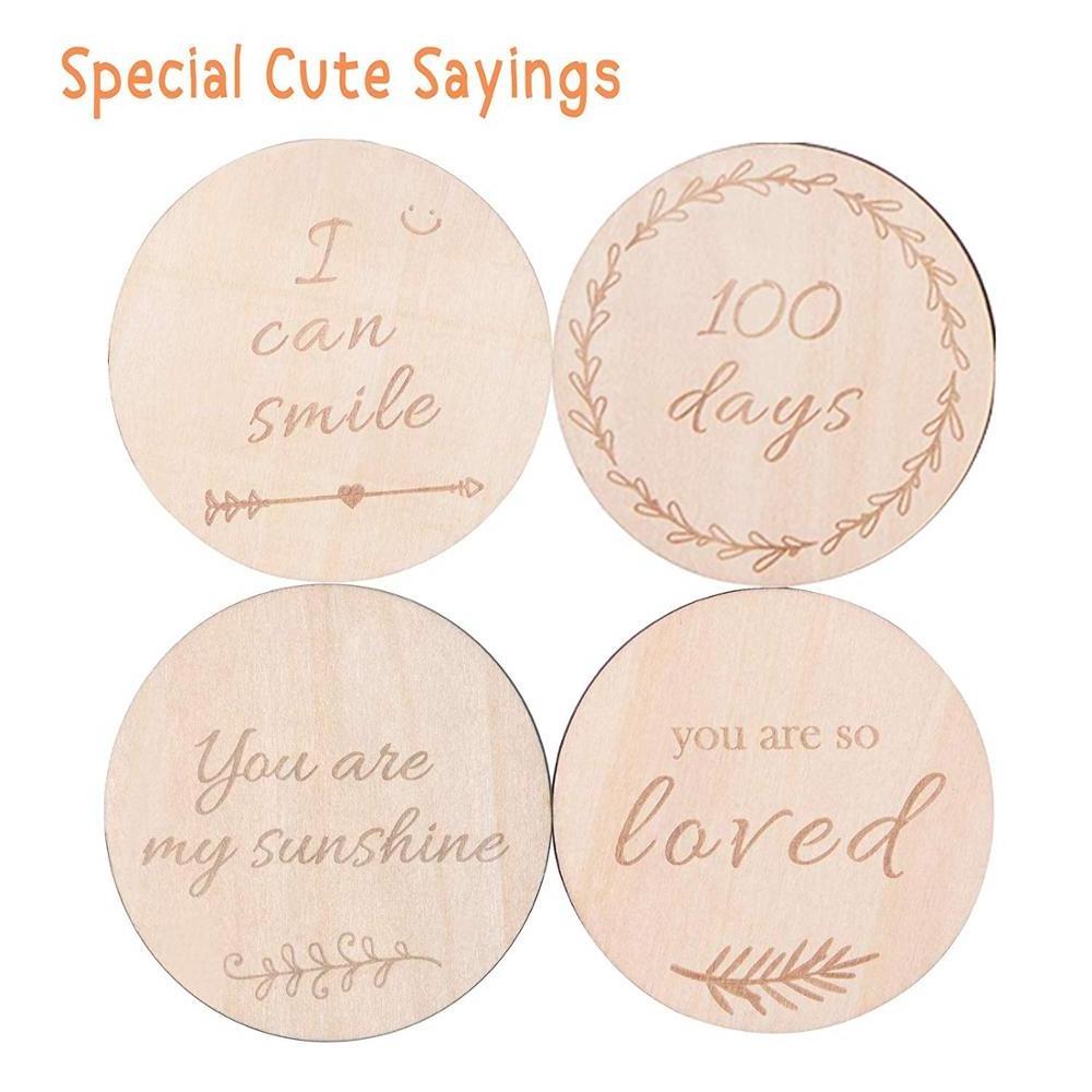 Wood Customize Baby Monthly Milestone Card Wooden Double Sided Laser Engrave Discs Craft Cards with Drawstring Bag