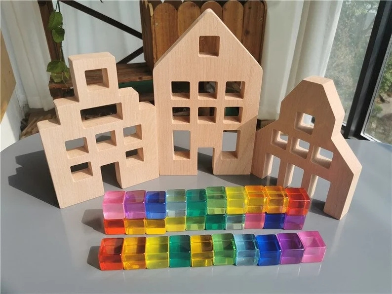 Stunning Acrylic  Transparent Rainbow Color Gem Cubes wooden Blocks Educational Sensory Light Learning Toys Montessori sensory